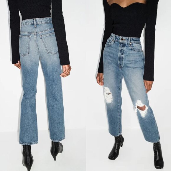 Khaite Abigail Distressed Portland Blue High Waist Straight Leg Jeans Size 25 - Picture 2 of 13